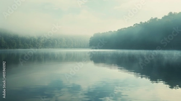 Fototapeta Soft morning mist over a calm lake. Minimalistic nature scene