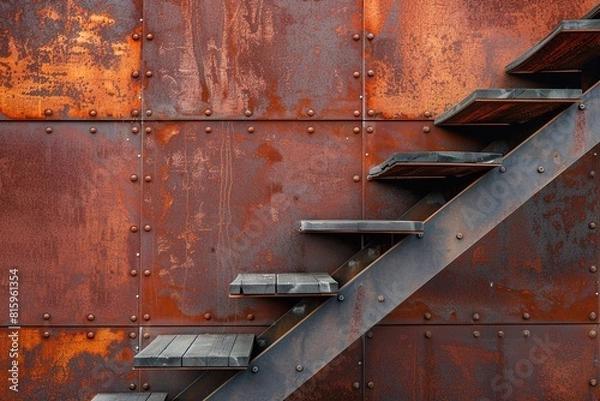 Fototapeta A staircase made of metal and wood, with a rusty and worn appearance