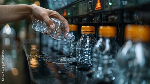 Fototapeta Hand pouring water into plastic bottles on a bottling line in a factory setting.