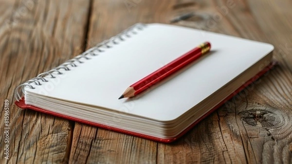 Fototapeta red pencil resting on a blank white notebook on a wooden surface.