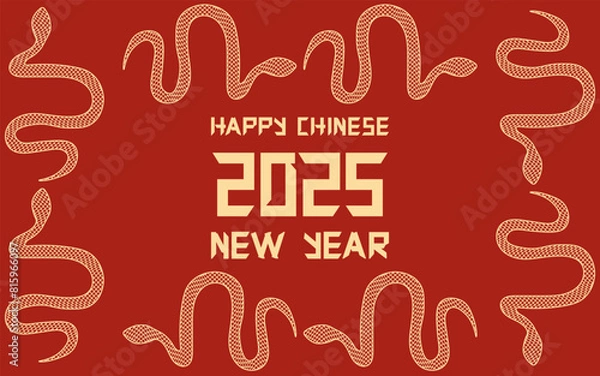 Fototapeta 2025 New Year horizontal banner design with golden snake Frame and Typography text in trendy Geometrical style. Festive 2025 greeting background. Vector for web and social media.