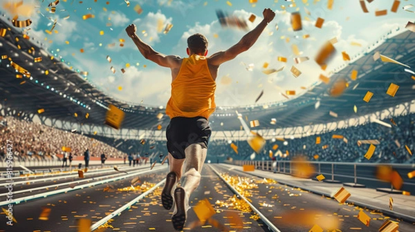 Fototapeta An athlete runs along a treadmill in a stadium, celebrates a victory at a competition, golden confetti falls on him, a victory at the Olympic Games or a championship.