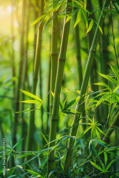 Fototapeta A serene bamboo forest bathed in soft sunlight, with slender bamboo stalks stretching towards the sky and lush green foliage filtering the dappled light, creating a tranquil oasis of natural beauty.