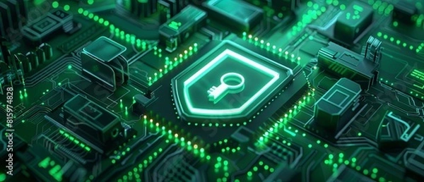 Fototapeta Futuristic Green Circuit Board with Security Icon