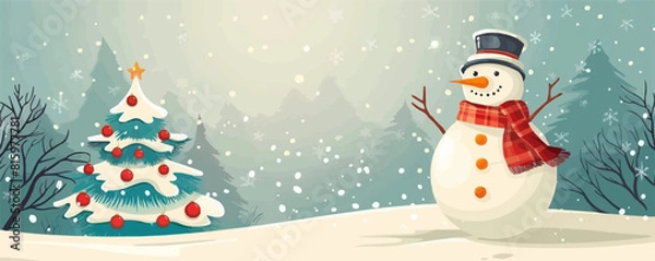 Obraz Snowman in top hat and scarf stands near the Christmas tree . vector simple illustration