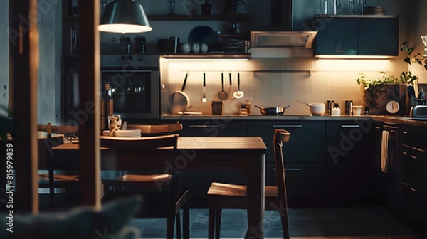 Obraz Stylish interior of modern kitchen with dining table : Generative AI