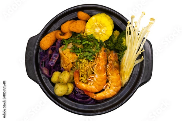 Fototapeta Korean noodle soup with red spicy seafood, rice and kimchi isolate on  PNG File.