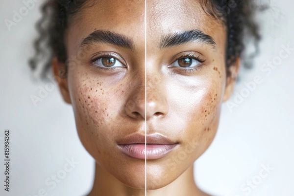 Obraz Split face closeup portrait of young mixed race woman, before and after acne treatment