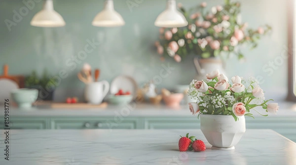 Fototapeta Clean and empty marble countertop green vintage kitchen furniture with lots of flowers and bowl of strawberries pair of white hanging pendant lights various crockery in blurred backgro : Generative AI