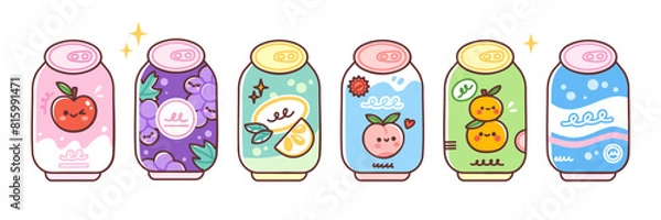 Fototapeta Soda can set. Various fruit flavored soft drinks. Vector illustration of fresh summer beverages in cute colorful style. Isolated elements on white background.