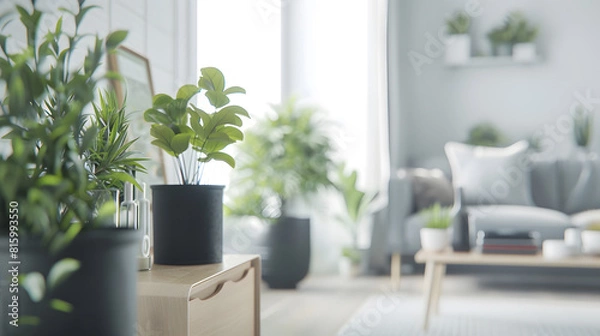 Obraz Modern scandinavian home interior with design wooden commode plants in black pots gray sofa books and personal accessories Stylish home decor Template Copy space White walls : Generative AI