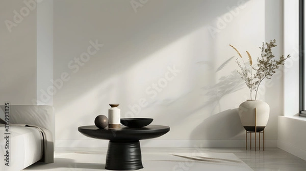 Fototapeta Aesthetic interior of living room with copy space white wall round black coffee table simple console with stylish accessories Home decor Template : Generative AI
