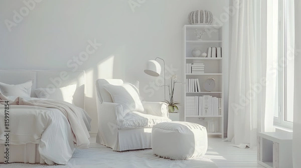Fototapeta White bedroom with screen bed armchair bookcase lamp and pouf : Generative AI