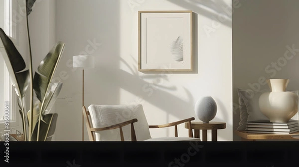 Fototapeta Stylish scandinavian composition of living room with design armchair black mock up poster frame plant wooden stool book decoration loft wall and personal accessories in modern home dec : Generative AI