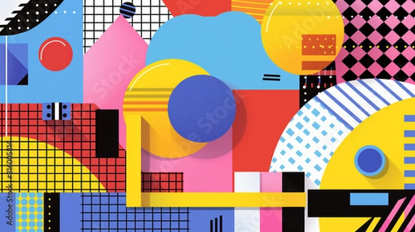 Fototapeta Vibrant retro design poster featuring bold geometric shapes and bright color blocks, reminiscent of 1980s graphic style