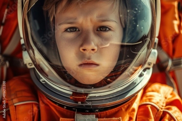 Fototapeta Portrait of a determined and visionary young child in an astronaut costume. Gazing up with anticipation and wonder
