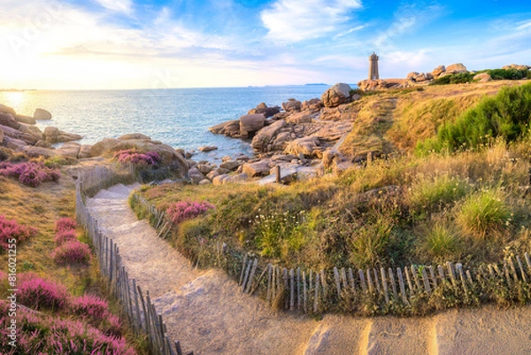 Obraz Lighthouse of Ploumanach at the golden hour in Perros-Guirec, Cotes d'Armor, Brittany, France