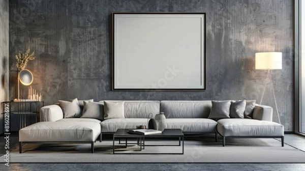 Fototapeta  A white blank frame mockup in a living room with a sofa and coffee table, with a black wall background, grey floor, and window side, interior design