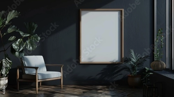 Fototapeta A mockup of an empty blank poster frame made of wood, placed on the wall with plants and an armchair next to it, in a dark navy blue room with natural light