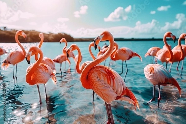 Fototapeta Flamingos in the lake. Flamingo in the lagoon on a background of blue sky