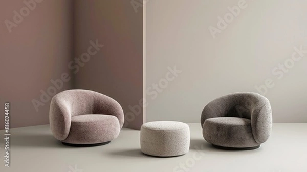 Fototapeta A modern interior scene featuring two stylish, plush armchairs in soft pink and gray colors, accompanied by a round ottoman. The background showcases a minimalist design with muted tones