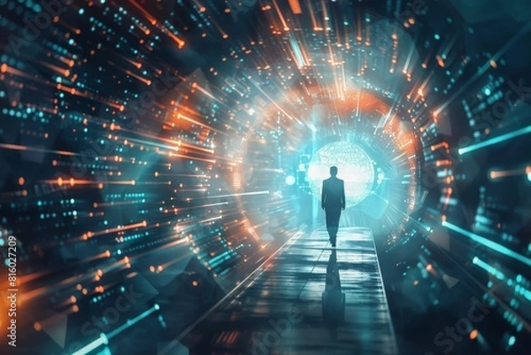 Obraz Abstract digital transformation concept in business showing a businessman walking towards a virtual portal filled with data and technology symbols