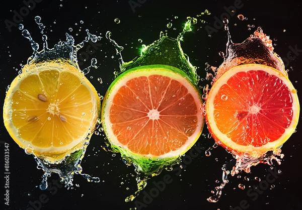 Fototapeta Orange, lime and grapefruit slices falling in splashes of green, red and orange colored juice