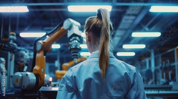 Fototapeta Female factory worker with her back facing the front