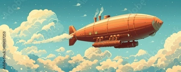 Fototapeta A steampunk-inspired airship soaring through the clouds, propelled by steam engines and adorned with brass fittings.   illustration.