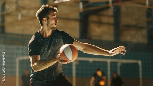 Fototapeta white man practicing handball sport, person is focused and enjoying the sport, sports photography, generative ai.