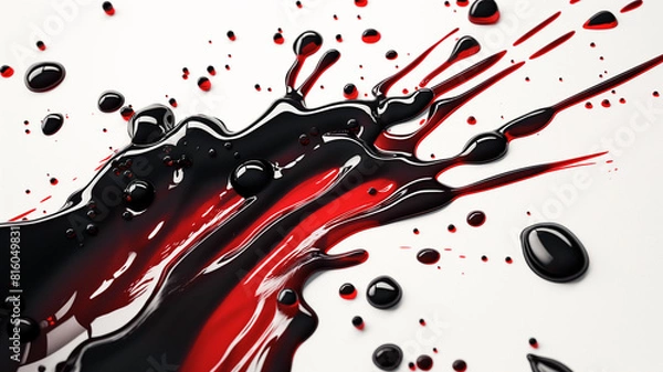 Fototapeta Red splashes of paint resembling blood drops on a white background, symbolizing love and romance with a grunge design
