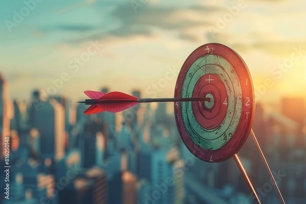 Fototapeta Arrows hitting target with city skyline in background