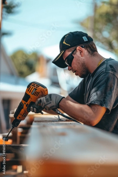 Fototapeta A construction worker using a nail gun