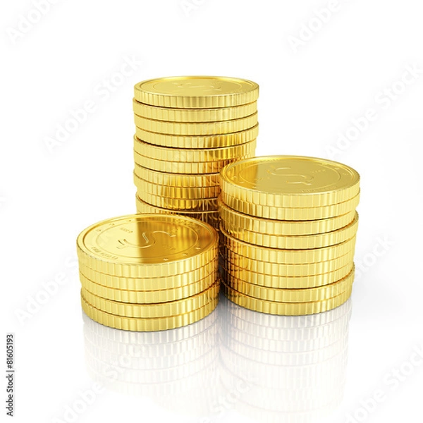 Fototapeta Business, Finance and Internet Online Payment System Concept. Stack of Golden Bitcoins Cryptocurrency isolated on white reflective background