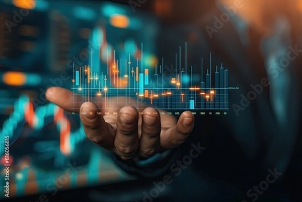 Obraz A person's hand interacting with a holographic display of a financial chart, depicting stock market trends in a futuristic setting..
