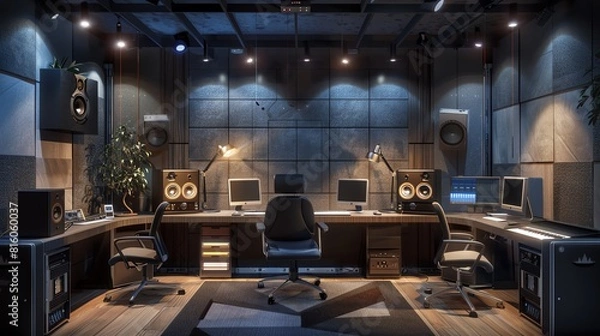 Obraz Streamlined home studio for a podcaster with soundproofing and advanced recording equipment Modern, Dark palette, Sketch, Includes hightech mics and monitors in a compact space