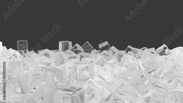 Fototapeta Several small square shaved ice cubes On a black background.3D render.