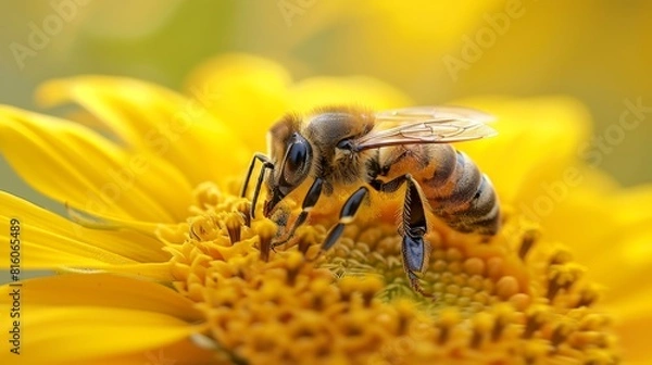 Fototapeta  A bee in tight focus on a sunflower, surrounded by a soft, blurred sunflower background