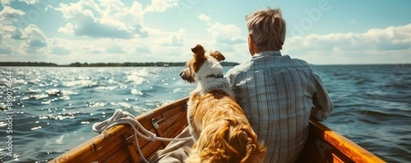 Fototapeta A man and his dog are sitting in a boat on a lake. The man is rowing and the dog is looking out at the water. The sun is shining and there are clouds in the sky.