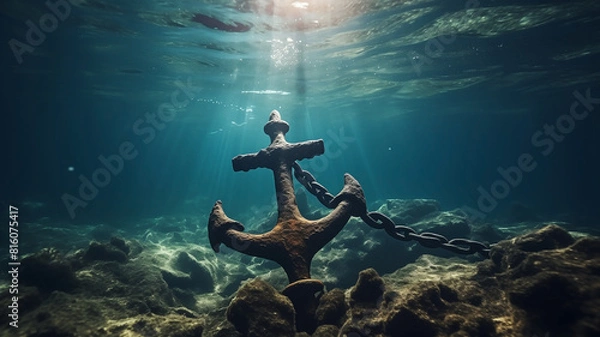 Obraz Old and abandoned anchor underwater in seaweed
