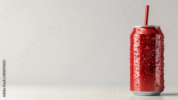 Fototapeta Aluminum Drink Can. A group of colorful aluminum cans of beverage, top view. Energy drink soda can mockup template with water droplets, isolated on light grey background. High resolution. 