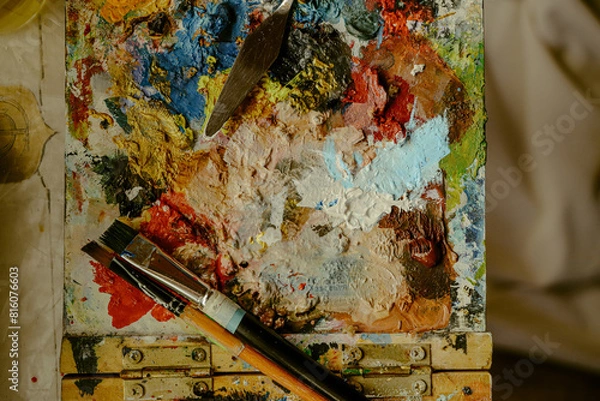 Obraz Canvas with paints and brushes