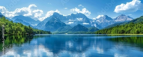 Fototapeta romantic summer landscape with lake and mountains
