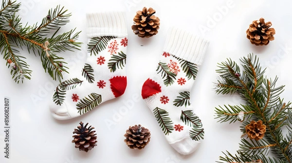 Fototapeta Christmas decoration Traditional festive socks with spruce branch and pine cones on white background top view : Generative AI
