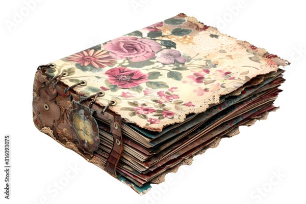 Fototapeta A photo of a vintage book with a floral pattern on the cover. The book is closed and has a leather strap wrapped around it.