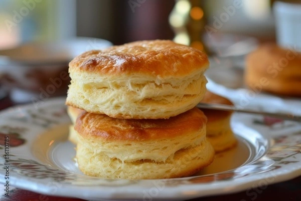 Fototapeta Close-up of stacked buttermilk biscuits on a floral plate, ready to enjoy