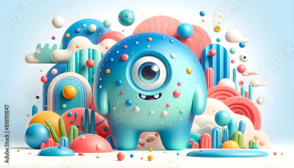 Fototapeta Adorable Blue Monster with One Eye | Whimsical Design, Colorful Dots, Friendly Teeth | Vibrant Scene with Abstract Shapes, Clouds, Spirals | Playful, Charming