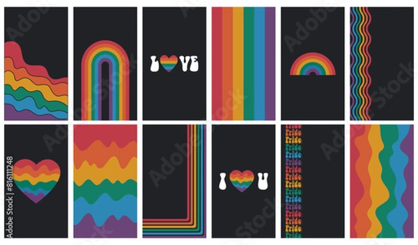Fototapeta Instagram stories template for lgbt pride month. Rainbow groovy backgrounds set