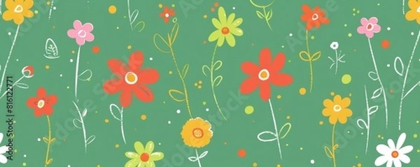 Fototapeta Colorful floral pattern on green background