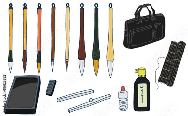 Obraz 書道道具の手描きイラストセット